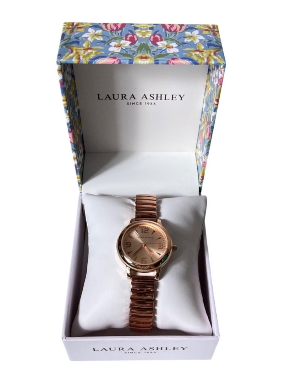 Laura Ashley Rose Goldtone Color Steel Watch Stretchy Bracelet Band Branded Box